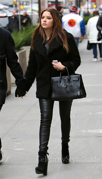 Ashley Benson wearing Saint Laurent Sac du Jour bag Topshop Teddy Faux Fur  Pea Coat - Celebrity Style Guide