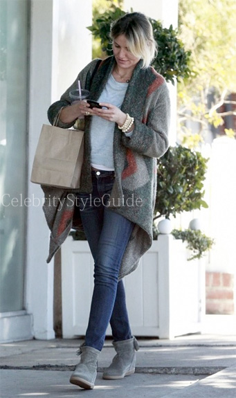 Cameron Diaz Intarsia Print Open Cardigan and Suede Tassel Booties Celebrity Style Guide