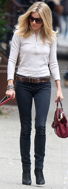 Sienna Miller wearing Louis Vuitton Monogram Denim Grunge Shawl - Celebrity  Style Guide