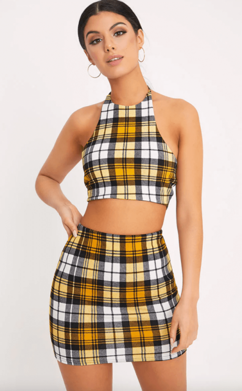 Yellow Check Print Mini Skirt and Halterneck Crop Top