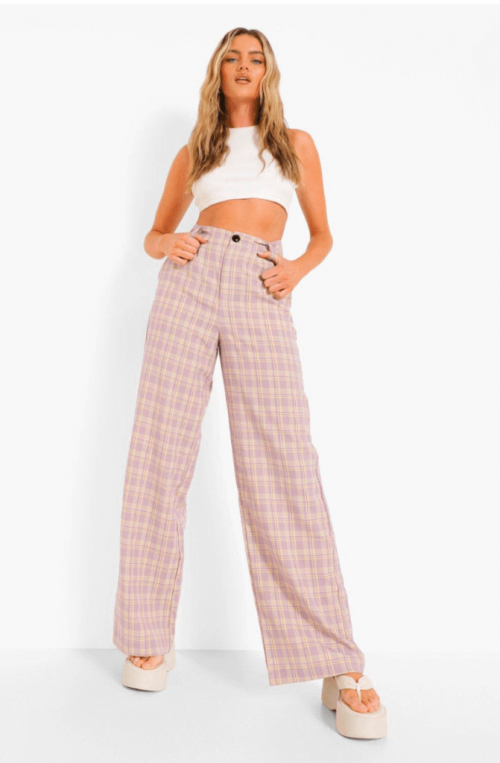 Woven Wide Leg Check Pants