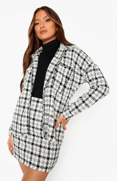 Boucle Checked Shacket and Mini Skirt Set