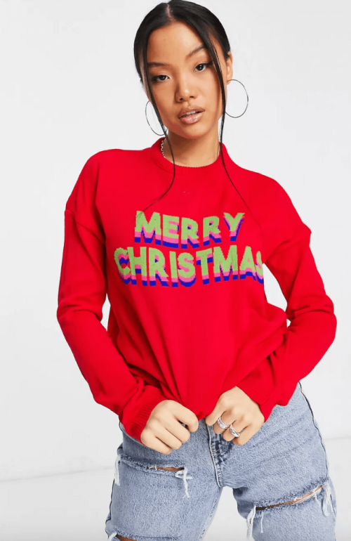 ASOS DESIGN Petite Christmas sweater with Merry Christmas logo in red