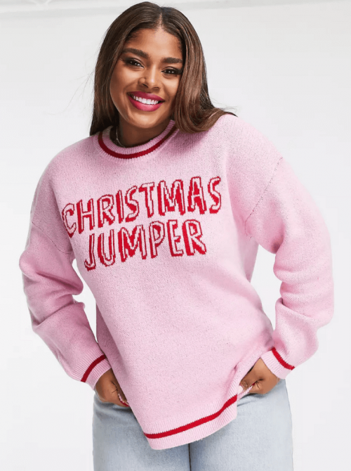 ASOS DESIGN Curve 'Christmas Jumper' slogan sweater in pink