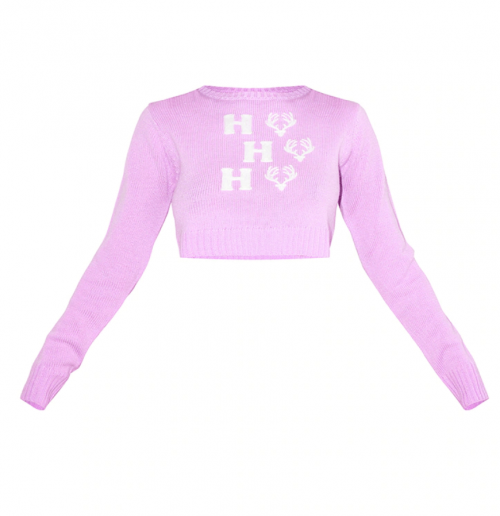 Lilac Ho Ho Ho Crop Embroidered Christmas Sweater