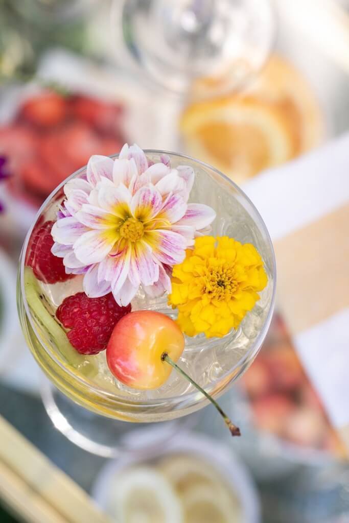 sparking soda and fruit garnish