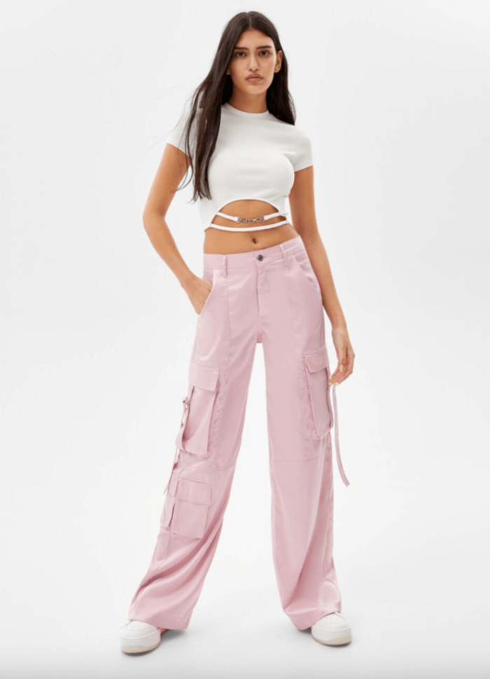 Berschka Wide-leg Satin Cargo Pants