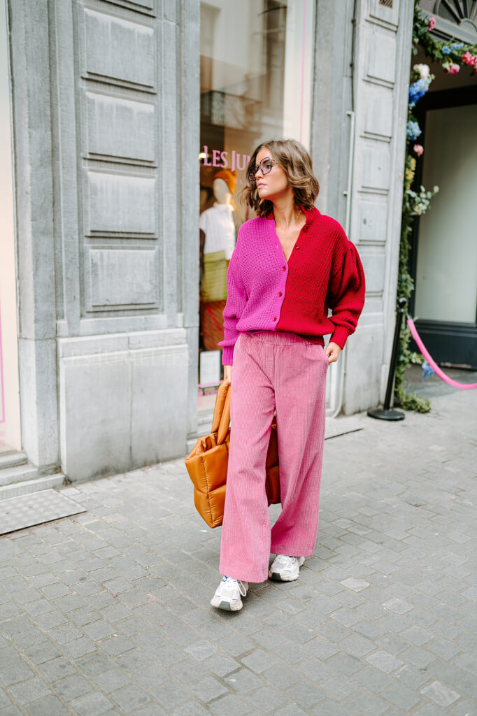 pink pants and cardigan