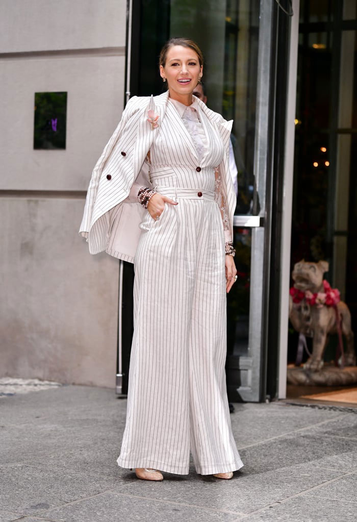 Blake Lively white pin-striped Zimmermann Suit