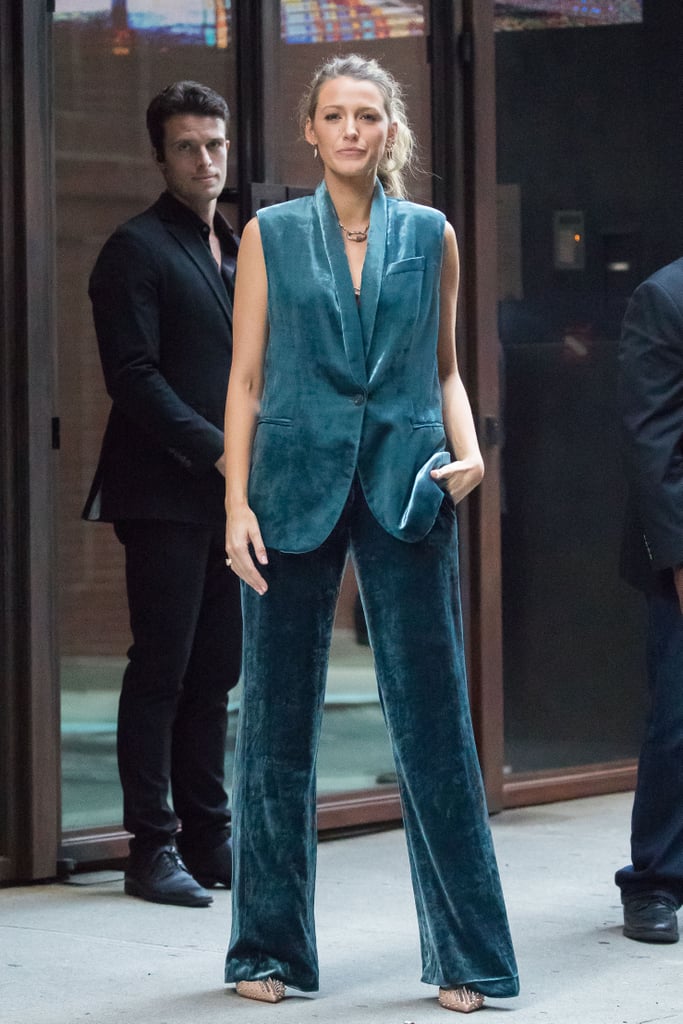 Blake Lively teal velvet suit