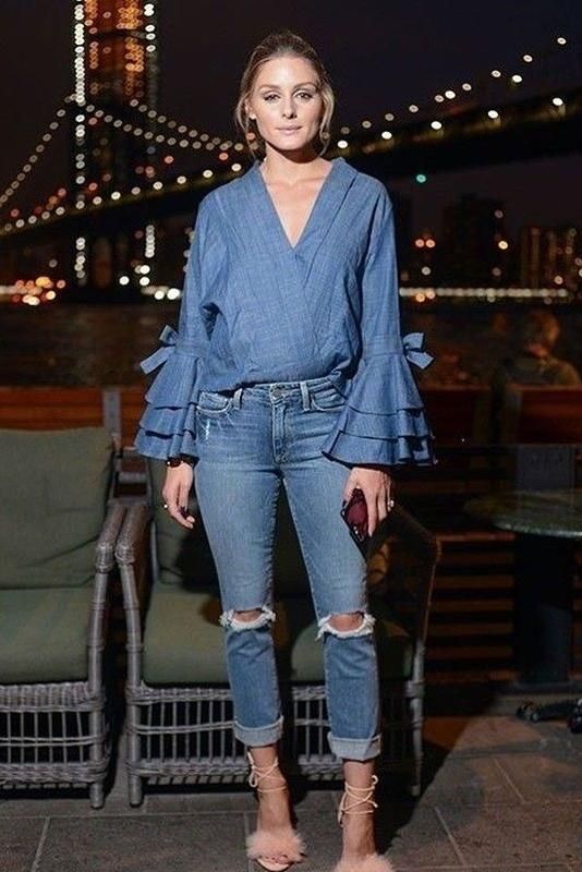 Olivia-palermo-Tie Sleeve-denim-top