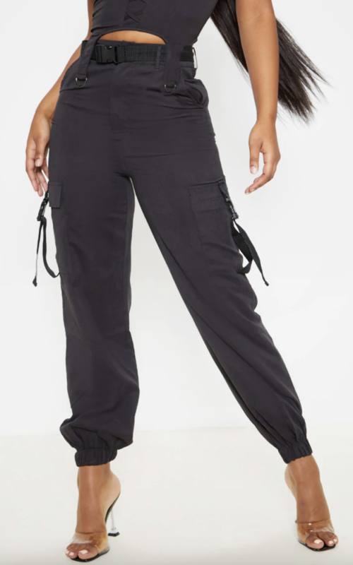 Black Buckle Detail Belted Cargo Trouser