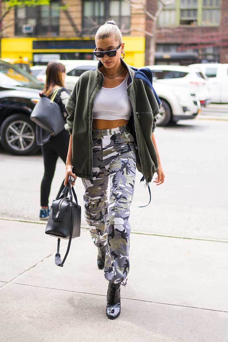 hailey baldwin camo pants trend