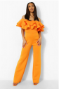 Boohoo Wide Leg Ruffle Off The Shoulder Jumpsuit